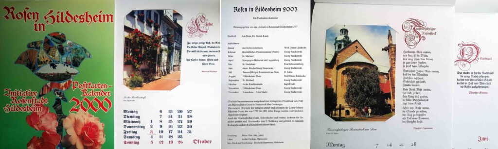 Für die Jahre 2000 und 2003 druckte Oppermann in Hildesheim auch für Zenos Verlag zwei wunderschöne Kalender „Rosen in Hildesheim“, der erste gestaltet von Walter Plata. Auch zum zweiten machte der inzwischen wegen seiner Parkinson-Erkrankung ans Bett gefesselte Plata noch die Angaben, die sein letzter Schüler „John Lesney“ umsetzte. Es war Platas letzte Arbeit.