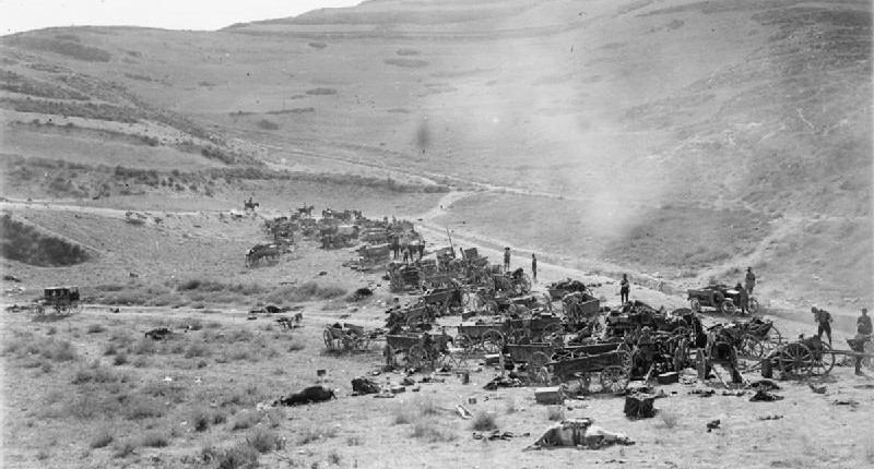 Schlacht von Megiddo, September 1918: Durch britische Flugzeuge zerstörte türkische Wagen und Lafetten auf der Nablus-Beisan Straße. | Quelle: Imperial War Museum.