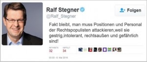 Der geistig intolerante, gefährliche Linkspopulist Stegner fordert, den politischen Gegner zu ATTACKIEREN! Und es wurde prompt SO ausgeführt. Wollen wir diese Art erfolgreicher Demokratie-Basisarbeit übernehmen?