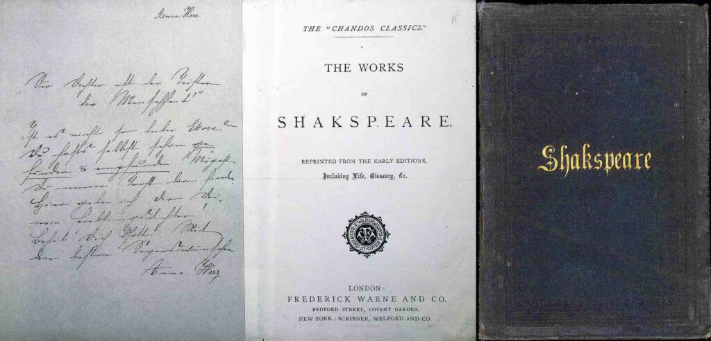 Anna Herz presented her Shakespeare-Edition as a farewell gift to the parting Ettore. Her inscription is on the front paper. (Edited image based on photos taken 1986. © H. M. Hensel 2021.)