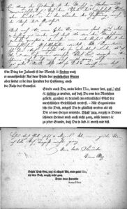 Anna Herz's entry in Elio's poetry album with my transcription of her Kurrent script into Fraktur (German black letter). Photos © 1986, transcription © 2021 H. M. Hensel.