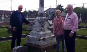 With Anna Herz's great-granddaughter Barbara Eaker and her great-nephew Irwin Herz at the tombstone of the Family of Jacob S. Miller in Galveston, Texas.