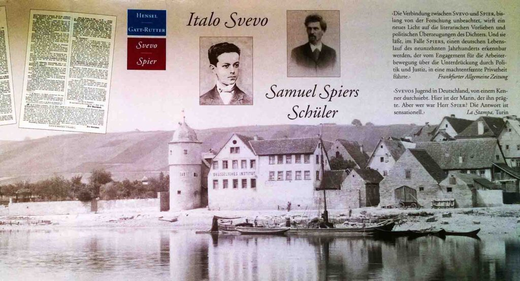 The dust jacket of the 1996 monograph Italo Svevo. Samuel Spiers Schüler shows the three main characters of the book: Ettore, his teacher – and Segnitz. The large school building with the classrooms was close to the outskirts of the village. Next to the tower on the left – already outside of the village –, was the Kreglinger Garden. The elegant top of one of the two garden pavilions can be seen. This photo was taken in 1893 when the Brüsselsche Institut had been closed already for twelve years.